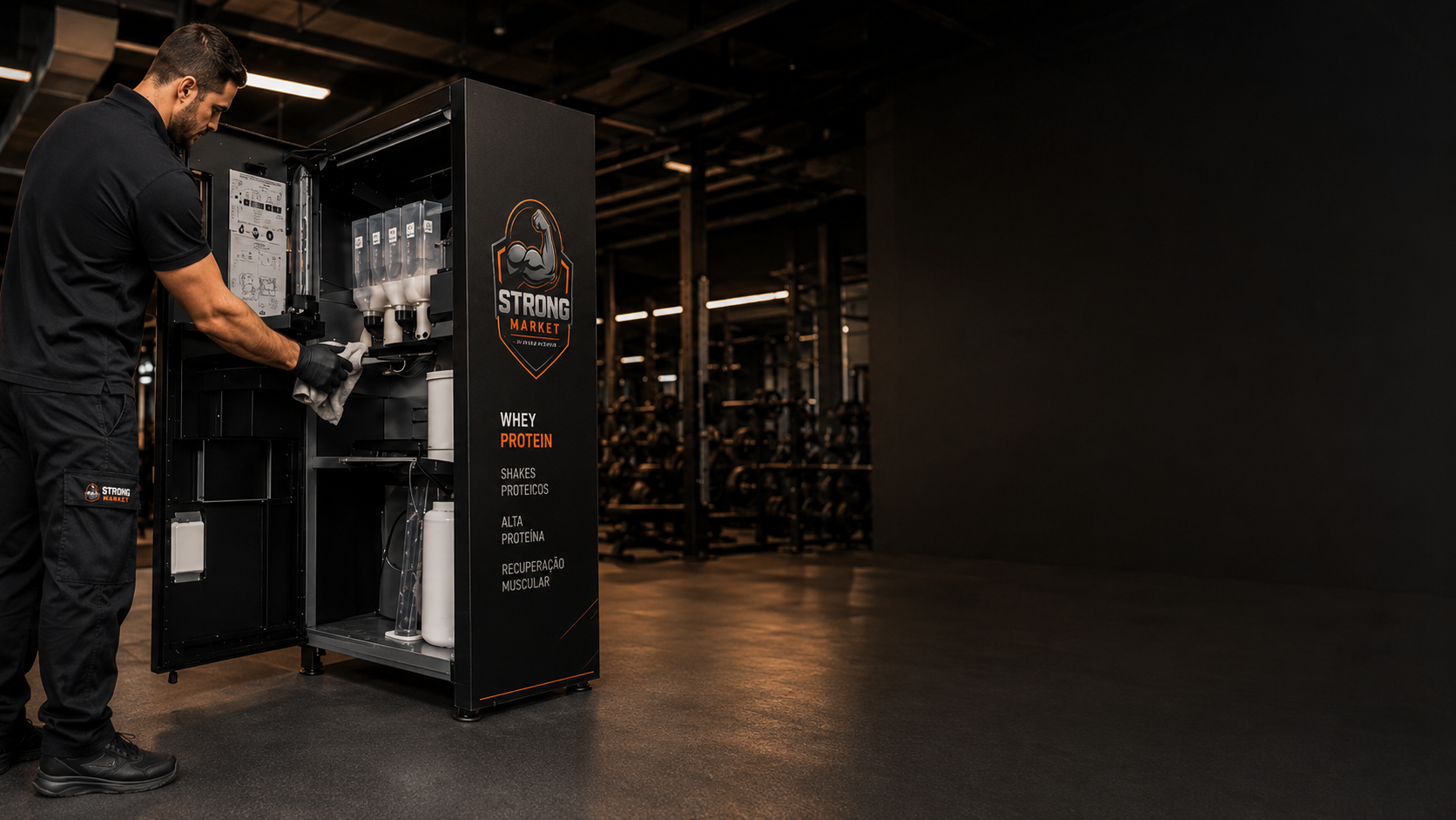 Técnico da Strong Market higienizando os circuitos internos da máquina